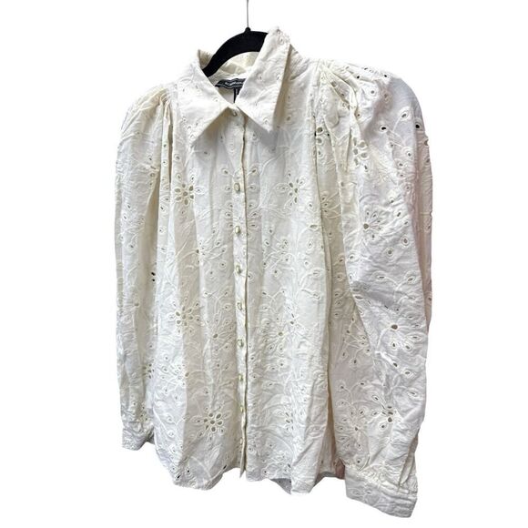 BCBGMAXAZRIA White Eyelet Puff Sleeve Blouse Size 6 Cotton Lined Embroidered - Picture 4 of 13